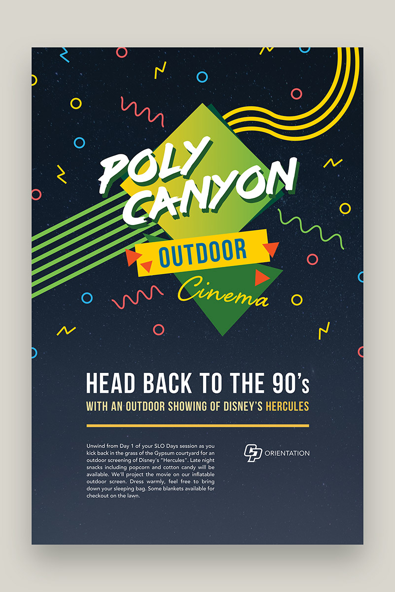 A poster for Poly Canyon Outdoor Cinema set against a light tan background. The poster looks similar to 90s movie theater interiors with bright colors and a dark background. It features an event graphic and event information.