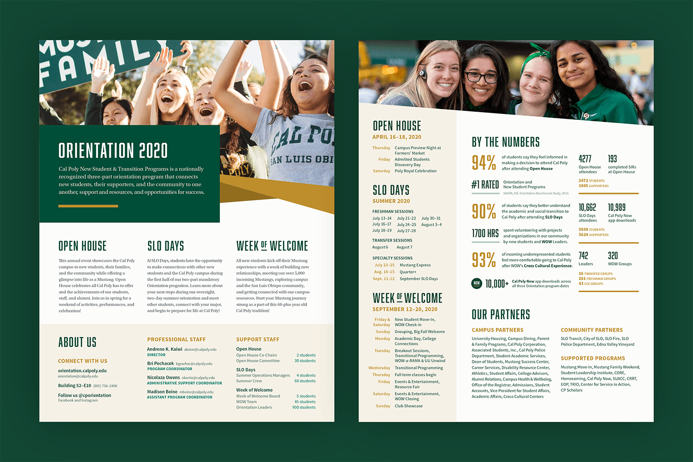The Orientation One Sheet document set against a light tan background. The document is a printed one-pager that features overviews of the programs offered, staff contact information, and statistics about program outcomes.