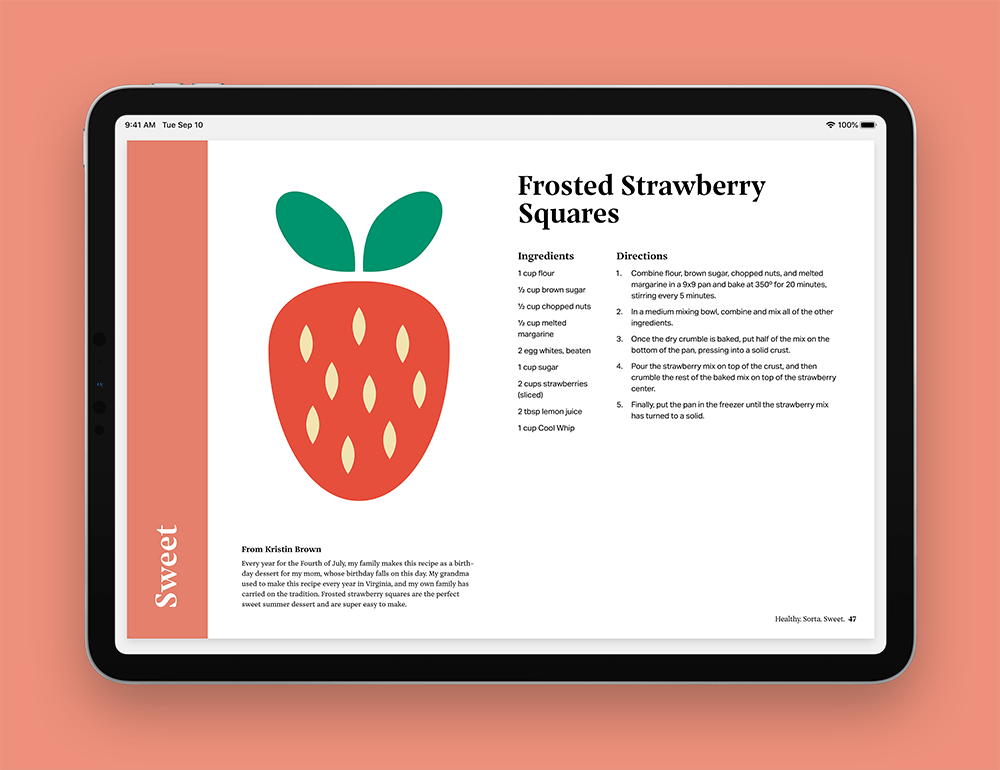 Cookbook page shown on an iPad screen, showing a recipe for Frosted Strawberry Squares