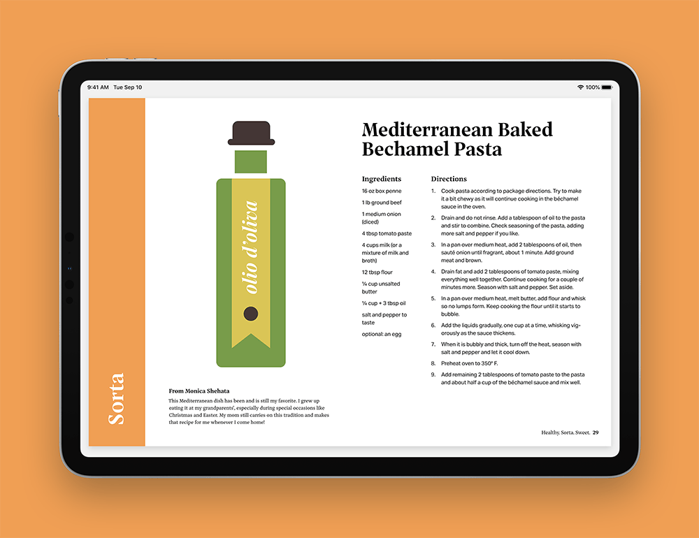 Cookbook page shown on an iPad screen, showing a recipe for Mediterranean Baked Bechamel Pasta