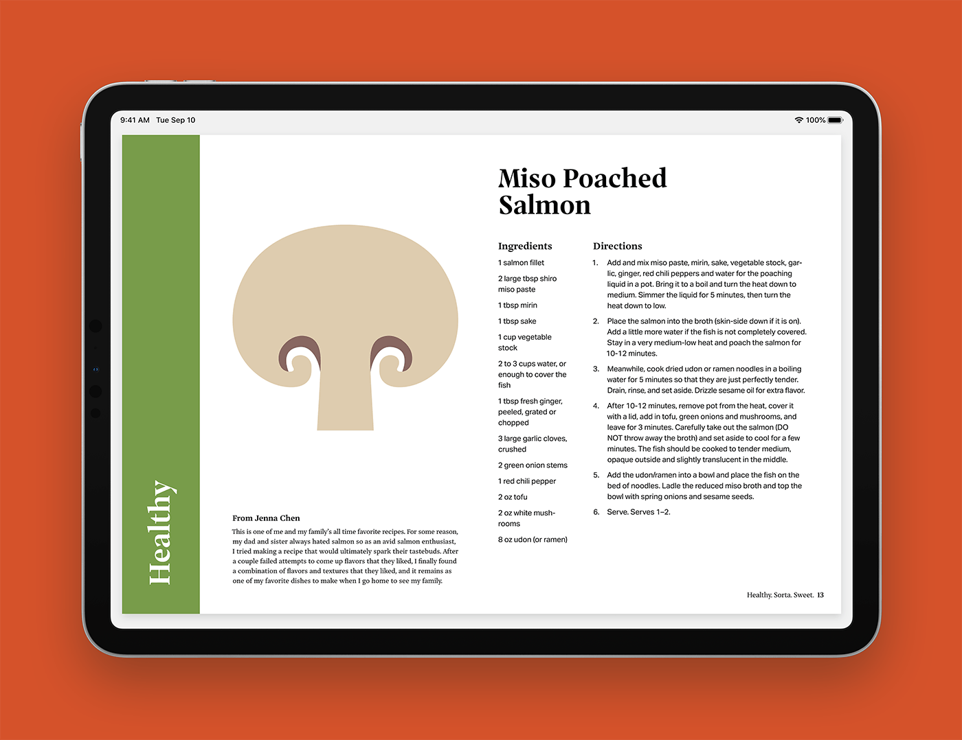 Cookbook page shown on an iPad screen, showing a recipe for Miso Poached Salmon