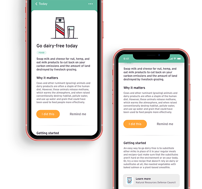 Loop's Go Dairy Free Task screen displayed in two iPhones, side by side