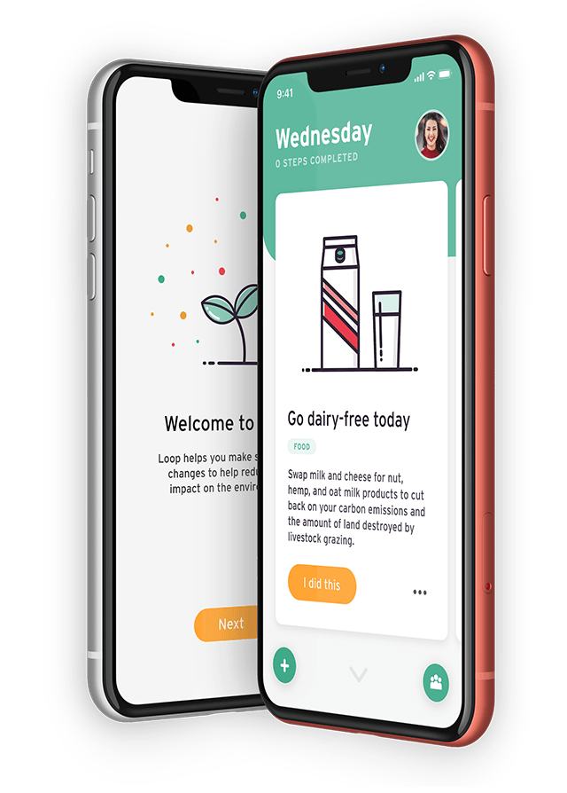 Two of Loop's screens shown in two iPhones