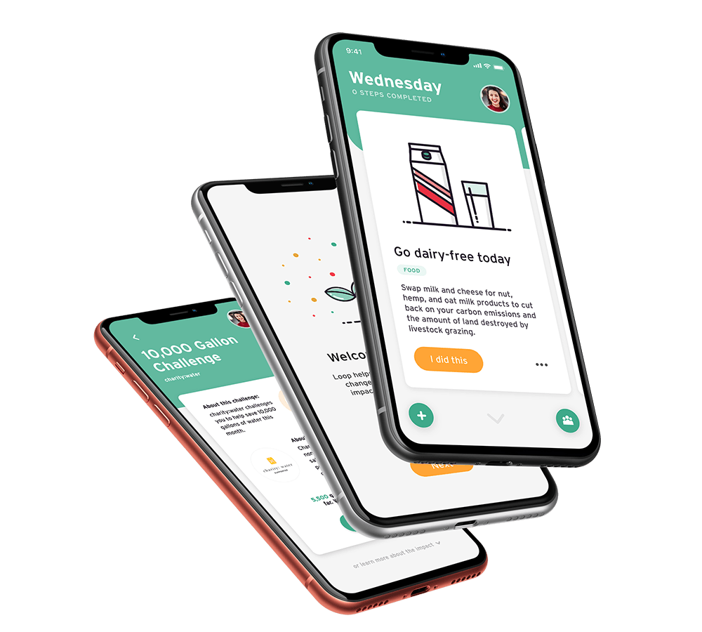 Three of Loop's screens shown in iPhones stacked on top of each other against a teal background