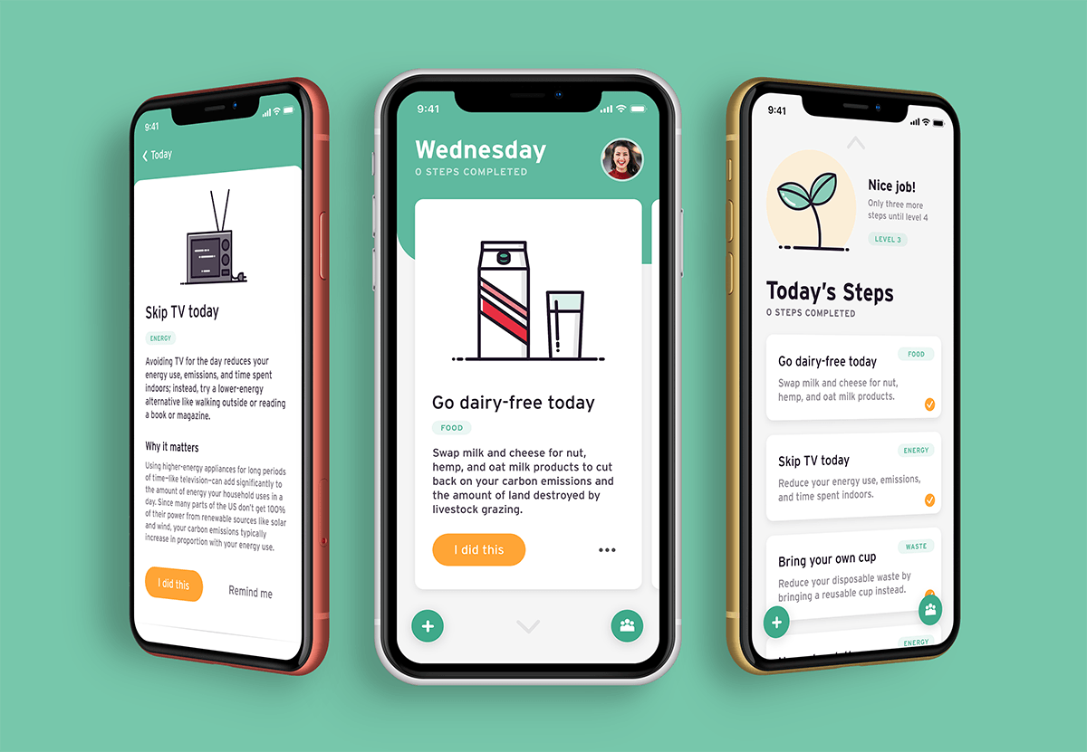 Loop's Task Detail, Home and Steps screens displayed in three iPhones, lined up side-by-side
