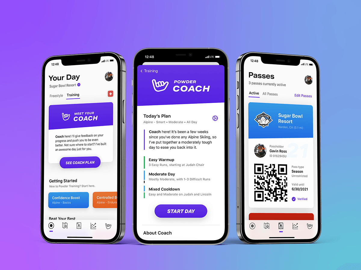 Powder's Training, Training Details and Passes screens displayed in three iPhones, lined up side-by-side