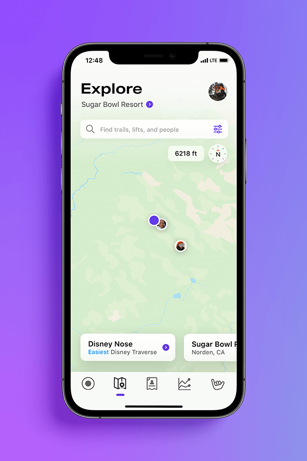 Powder's Explore screen displayed in an iPhone against a purple background
