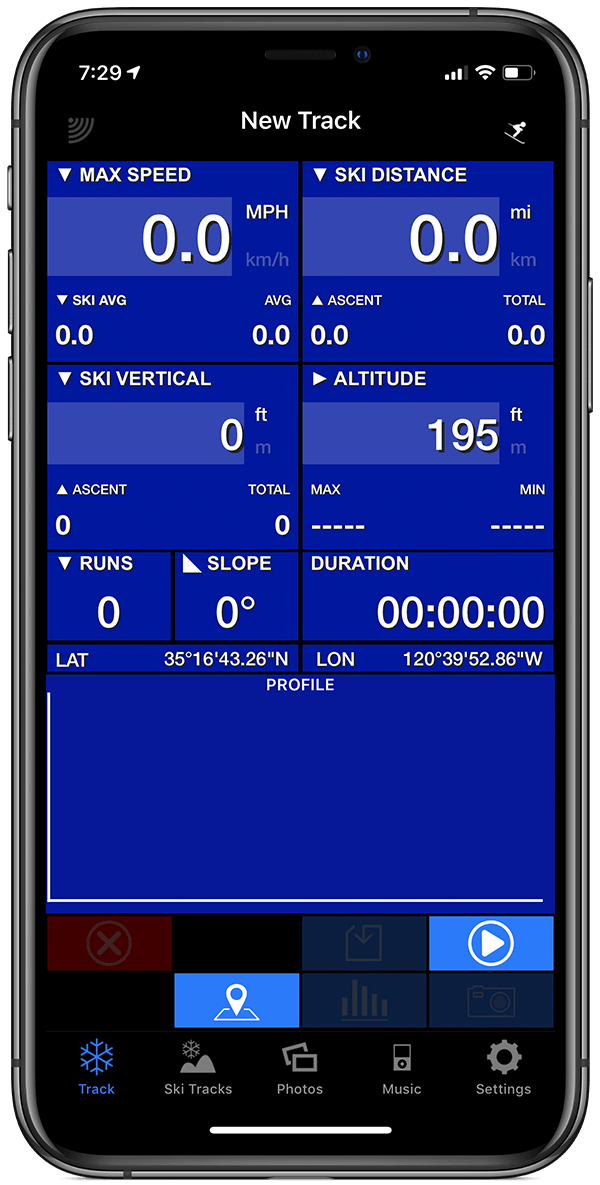 A screenshot of the final Powder app's Today screen in an iPhone. The iPhone is angled backwards and towards the left, and appears to be floating in space. The screen shows the user's location on a map, as well as current weather conditions and large purple button that will start recording the user's movements while skiing.