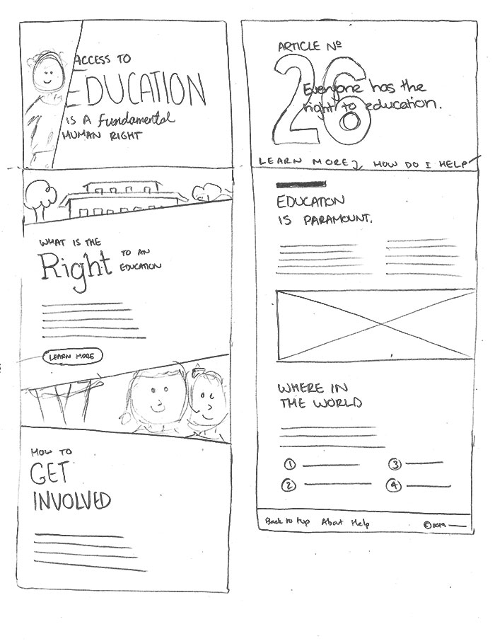 The first page of sketches, showing two hand-drawn website screens for the campaign