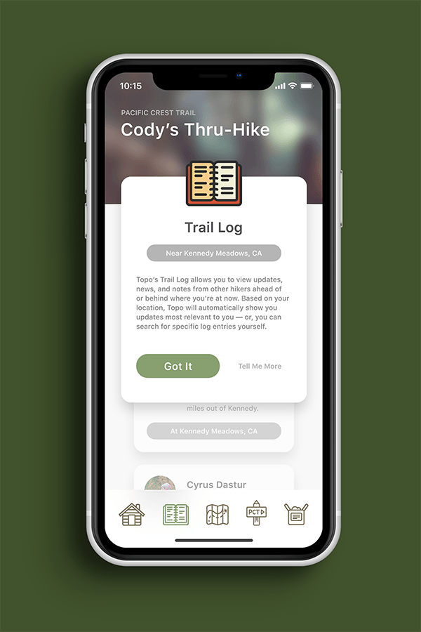 Topo's Trail Log screen displayed in an iPhone against a green background