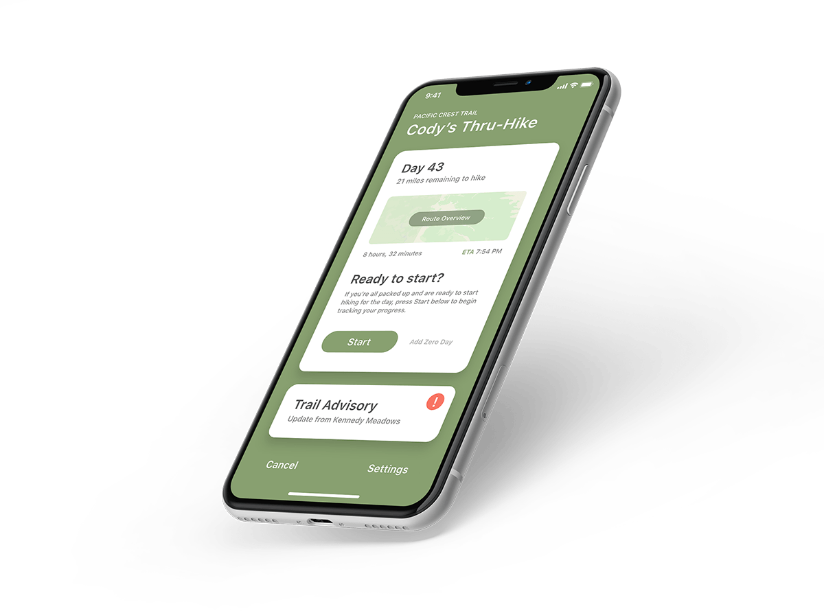 A screenshot of the final Topo app's Start Hiking screen in an iPhone. The iPhone is angled backwards and towards the right, and appears to be floating in space. The screen shows an overview of the user's day, including a map of the planned route, a button to start hiking, and an alert card showing a trail advisory from Kennedy Meadows.