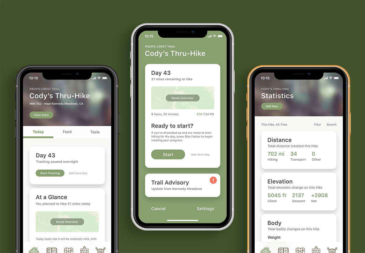 Topos's Today, Start Hiking and Statistics screens displayed in three iPhones, lined up side-by-side