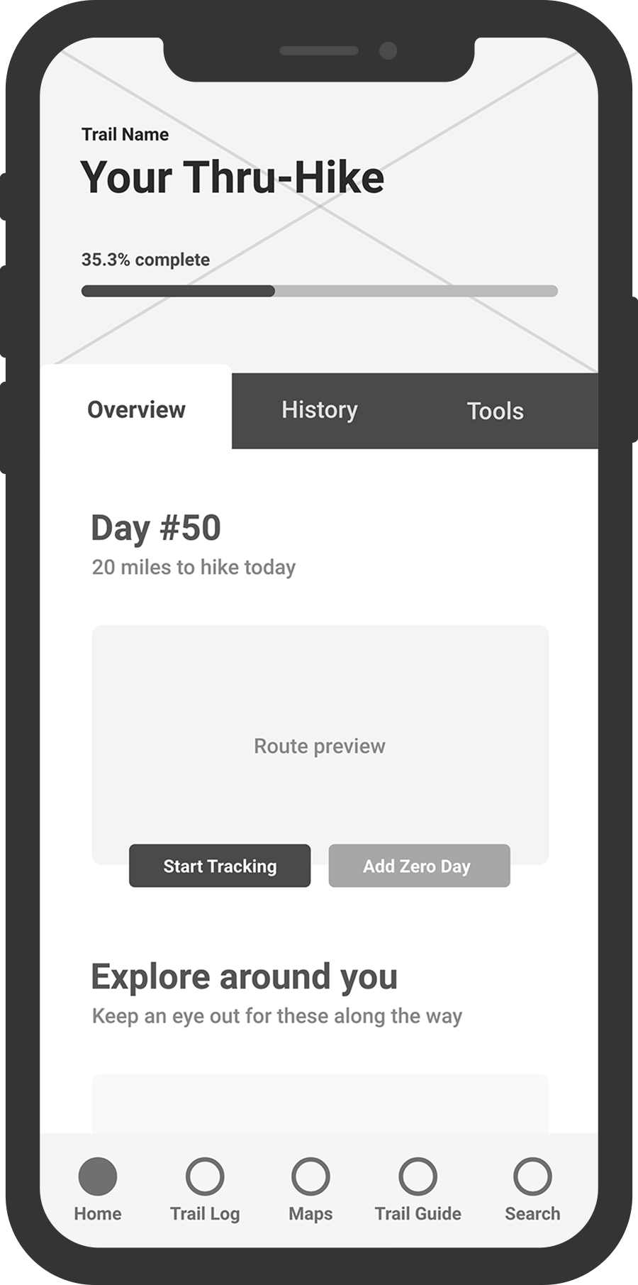 A grayscale wireframe of Topo's Home screen displayed in an iPhone mockup, featuring an overview of the day's planned hiking route