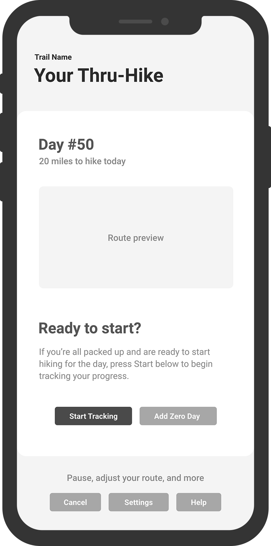 A grayscale wireframe of Topo's Start screen displayed in an iPhone mockup, featuring options to start hiking or add a rest, or zero, day.